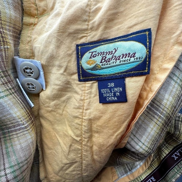 Vintage Tommy Bahama Gingham Pattern Tan/Green/Yellow Linen Bermuda Shorts-38 - Picture 5 of 10